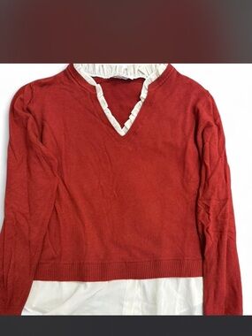 Classic Red V-Neck Sweater with White Ruffle Trim